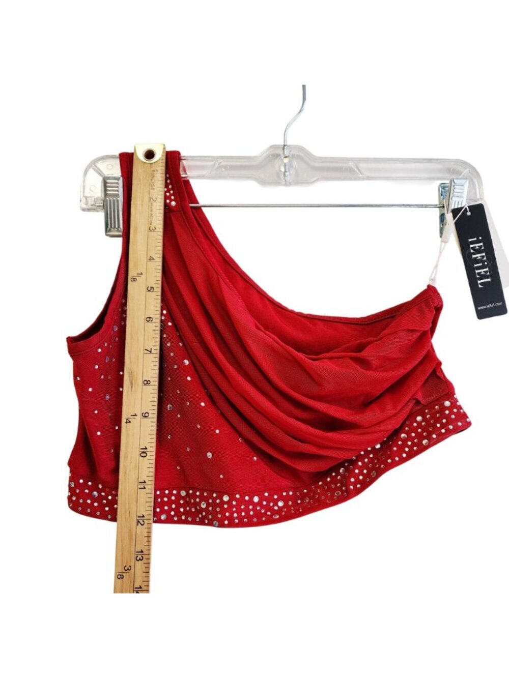 Red Asymmetrical Dance Costume Set  Rhinestones One-Shoulder Top   Skirt Size 14 - Picture 4 of 11